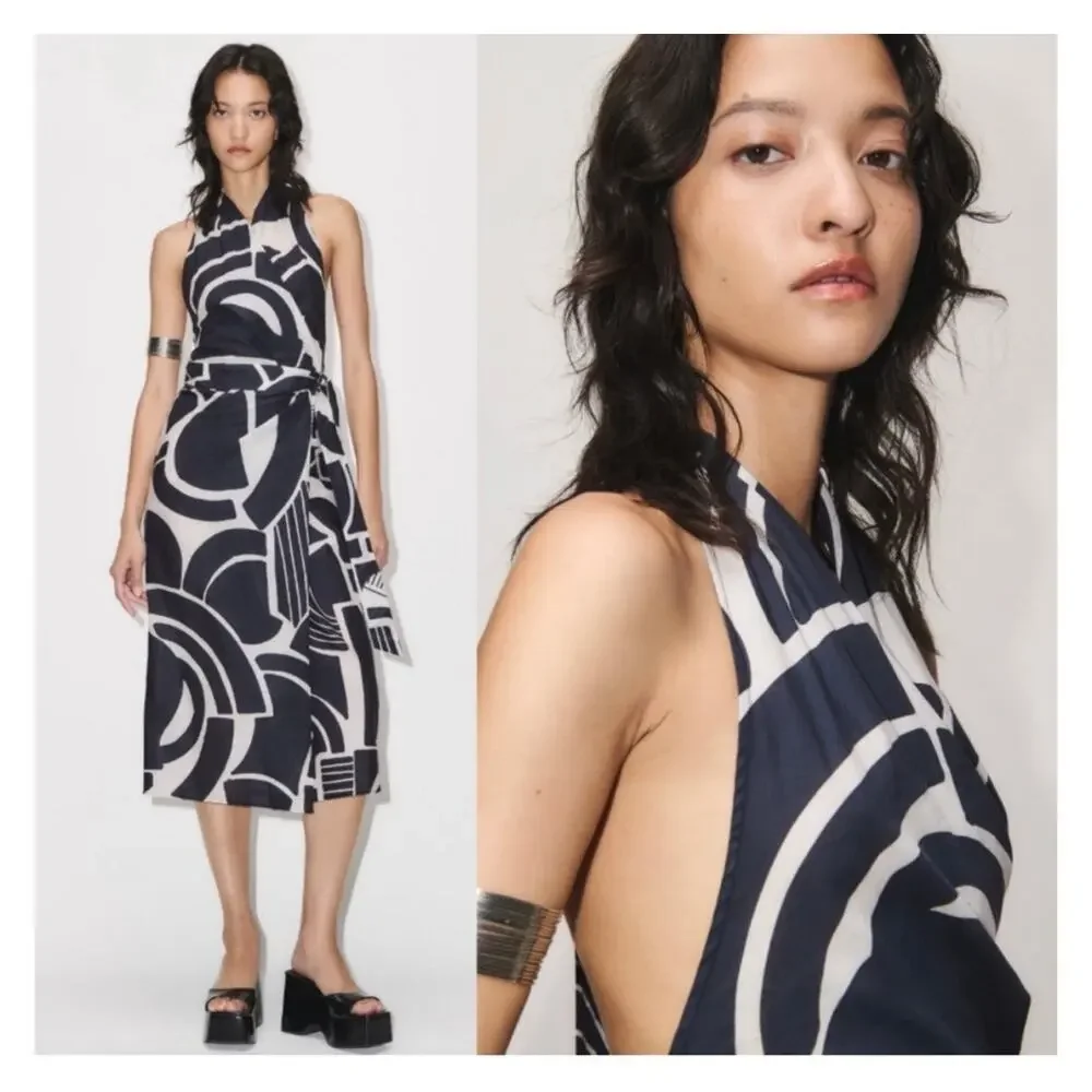 Zara The Nicole Printed Halter Wrap Navy/White Midi Dress Size Large Open Back - Picture 7 of 12
